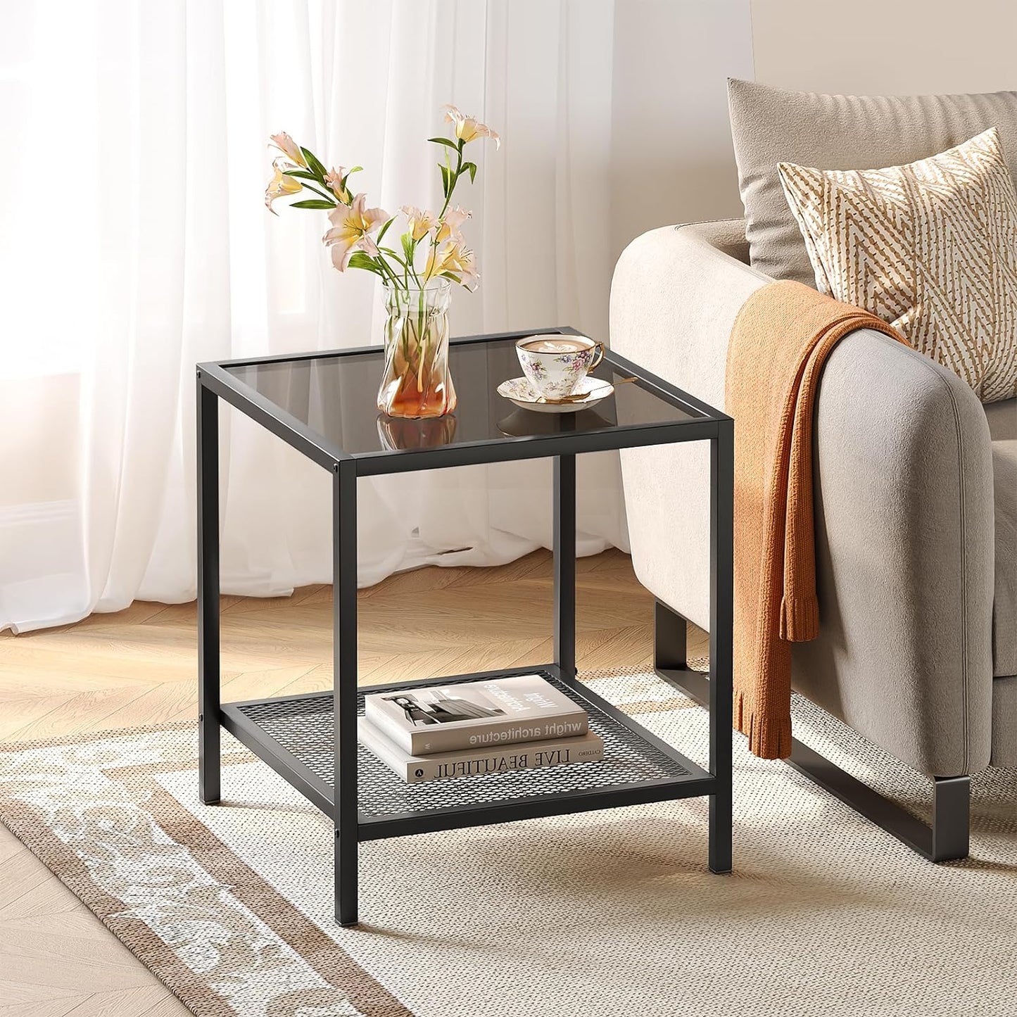 Coffee Table with Storage Modern Glass Coffee Tables Square Industrial Simple Center Table for Living Room Home Office Small Space 27.6 X 27.6 X 17.7 Inches Easy Assembly Gray Black