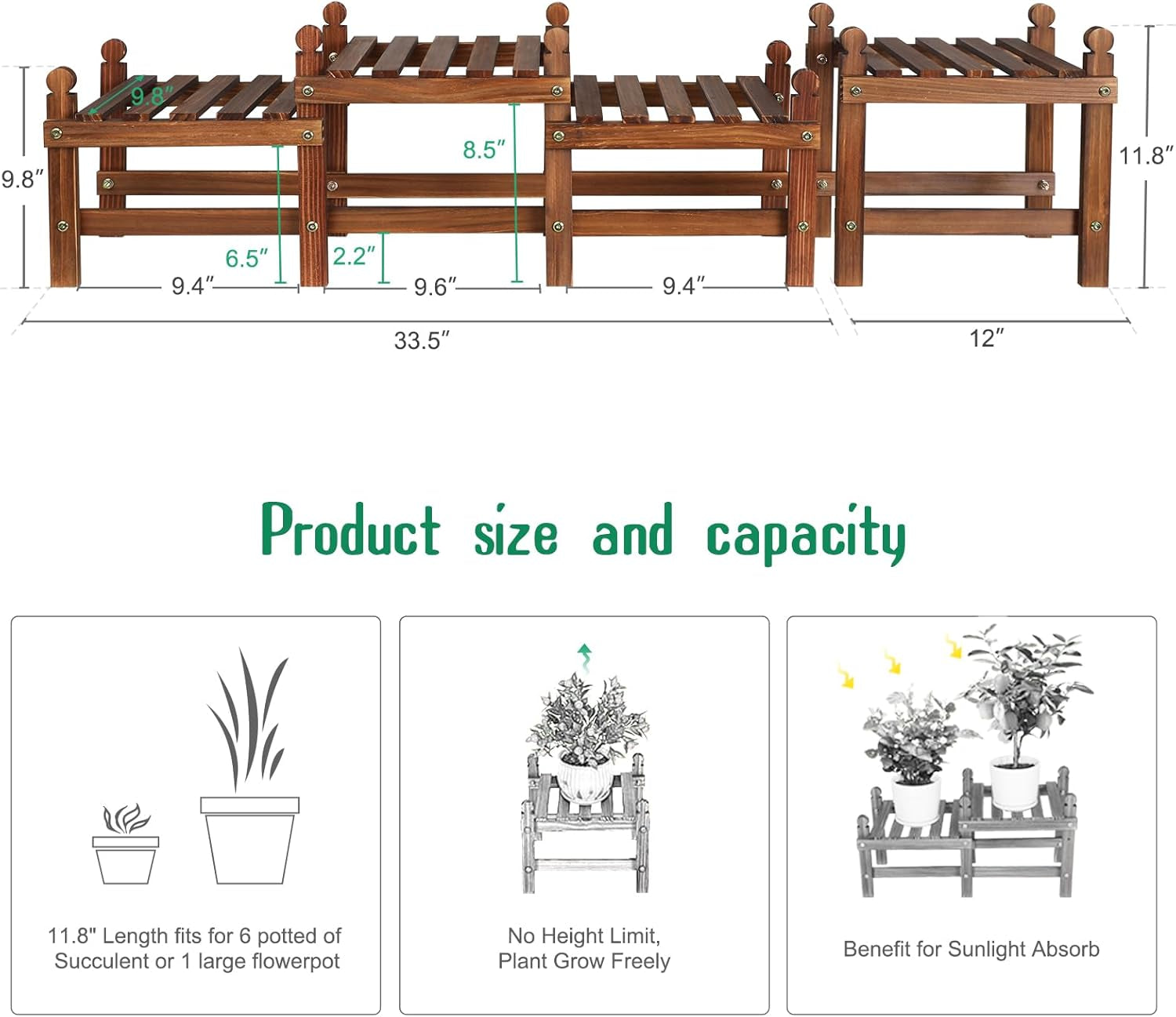 Wood Flower Stand Small Plant Stand Indoor Outdoor Plant Shelf Low Window Shelf for Plants Windowsill Plant Rack for Patio Balcony Hallway Garden (45.5”Long,Multiple Combination Way,4 Tiers)