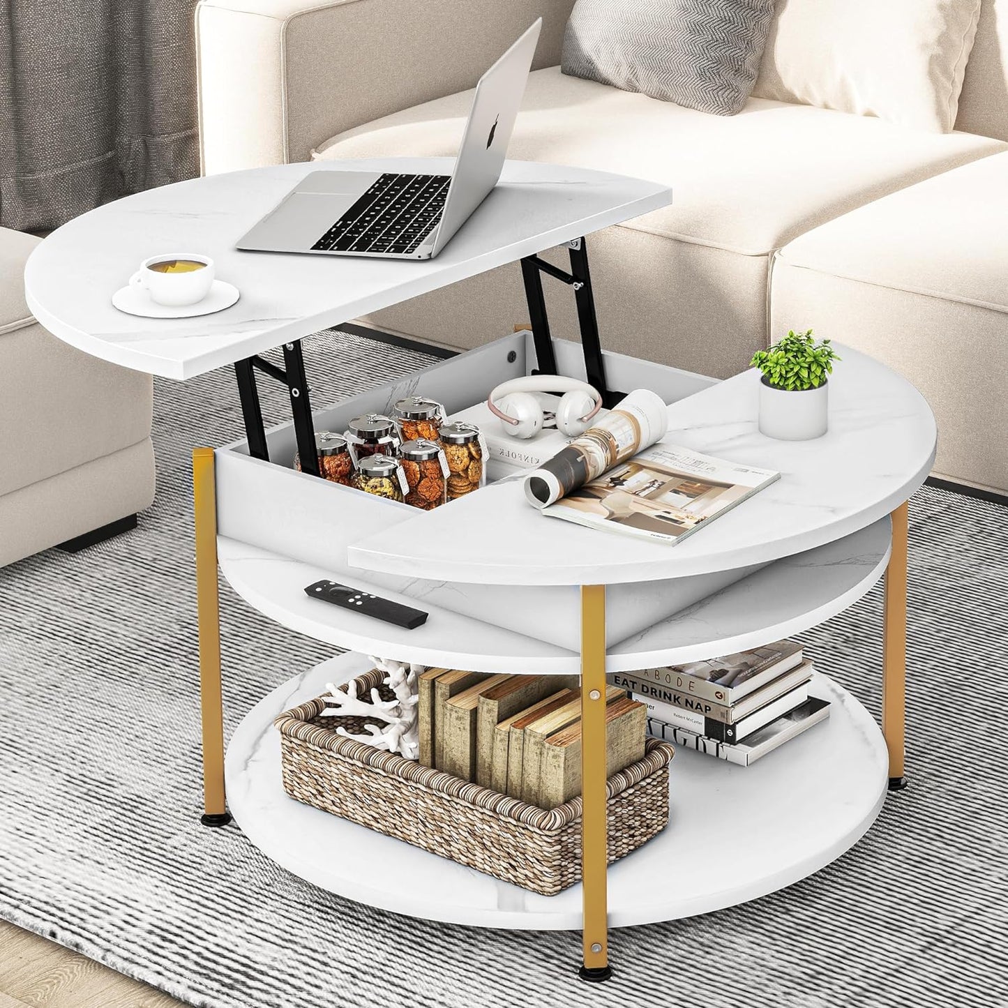 round Coffee Table with Storage, Lift Top Coffee Table with Hidden Compartment, Modern Coffee Table for Home Office Living Room, Grey