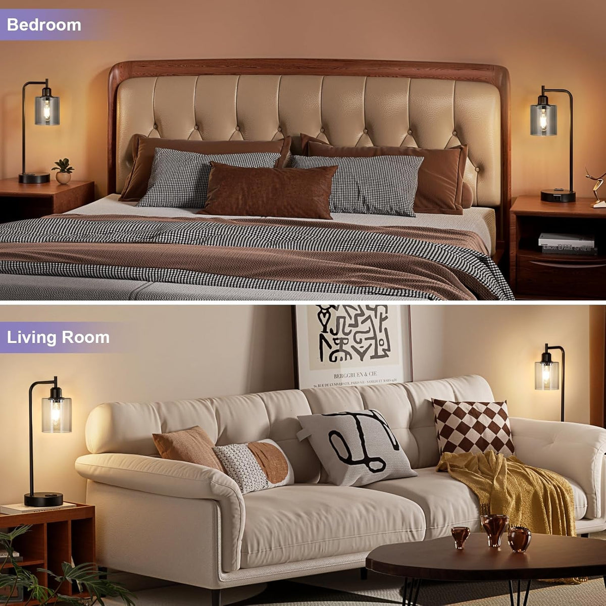 Gray Glass Table Lamps Set of 2 With USB, 3-Way Dimmable