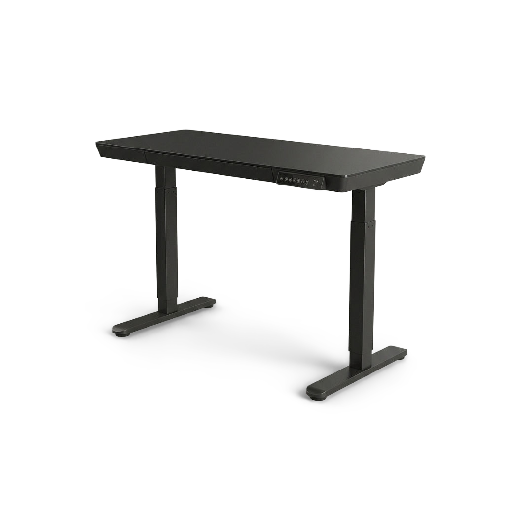 48 inch glass electric standing desk, rotated three quarter view