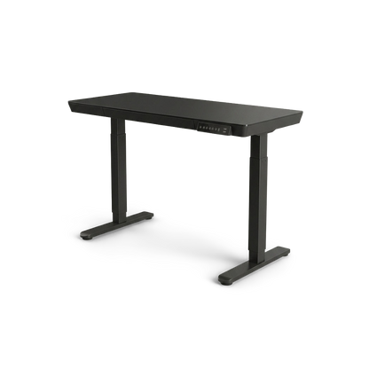 48 inch glass electric standing desk, rotated three quarter view