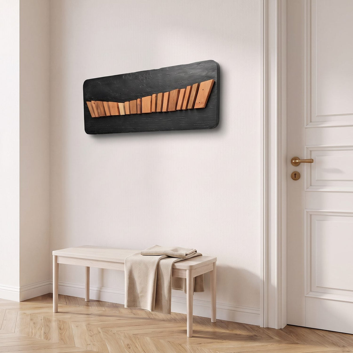 Wood relief wall panel seen close from the side above a bench in an entry hall