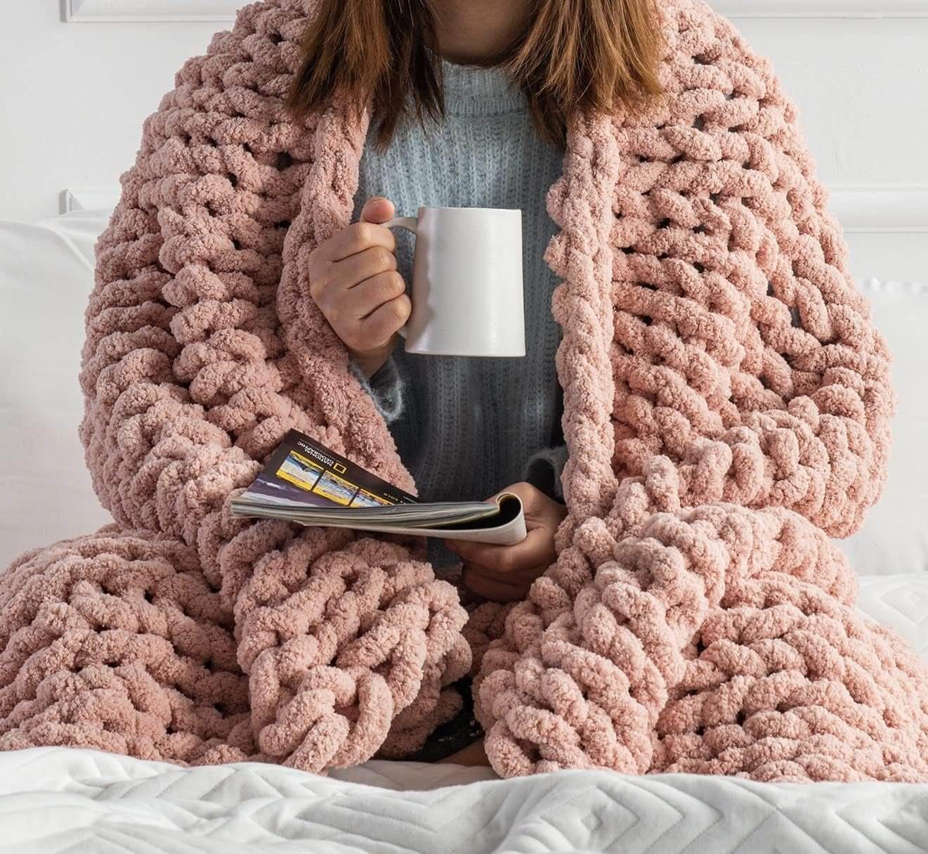 Hand - made Chunky Knit Throw Blanket