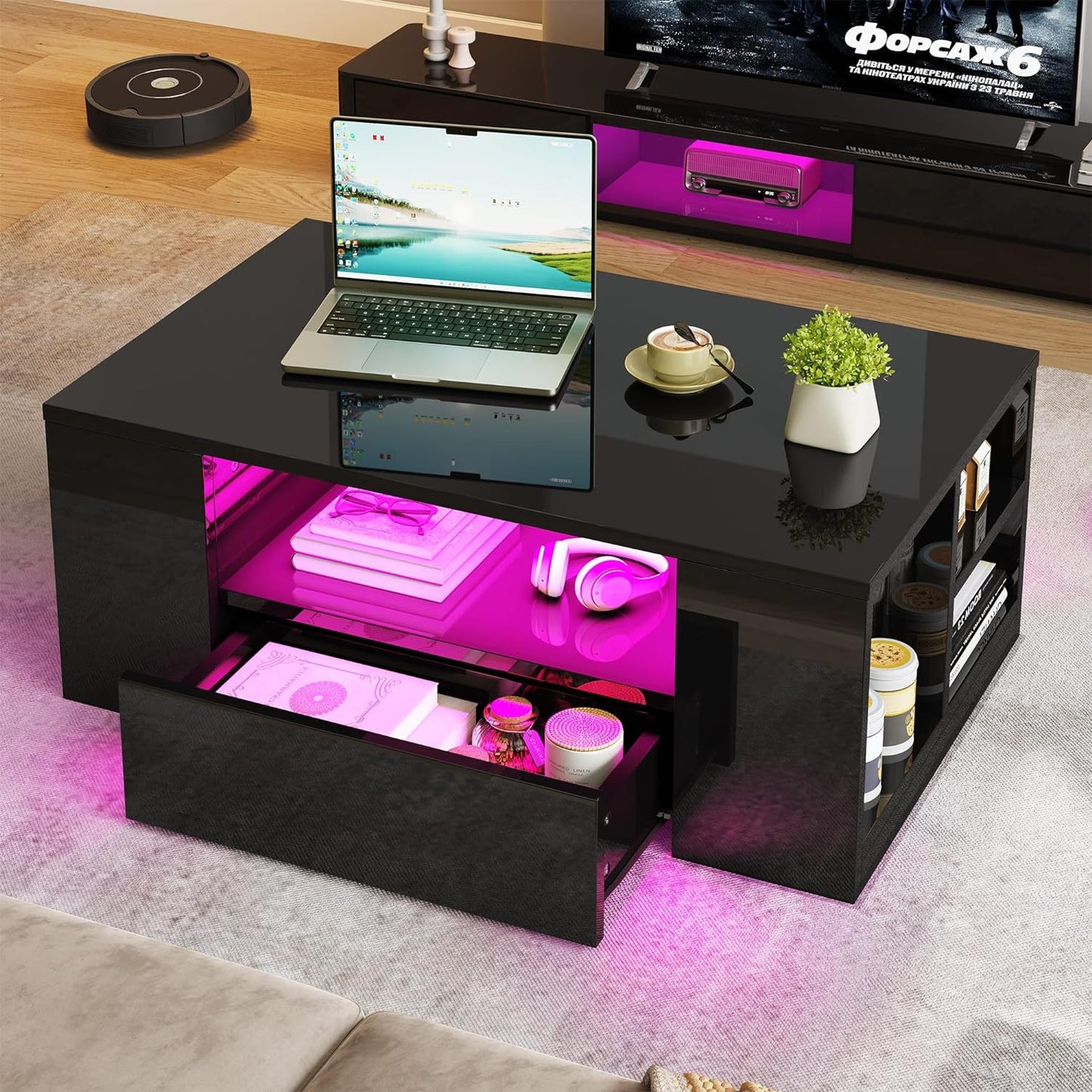 Modern Center Table with Storage and LED Light