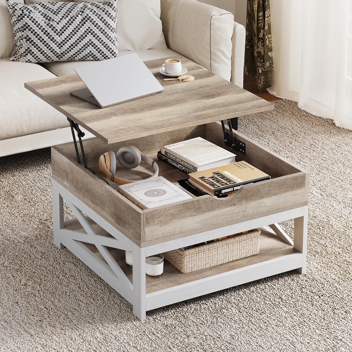 Square Grey Wash Coffee Table for Living Room