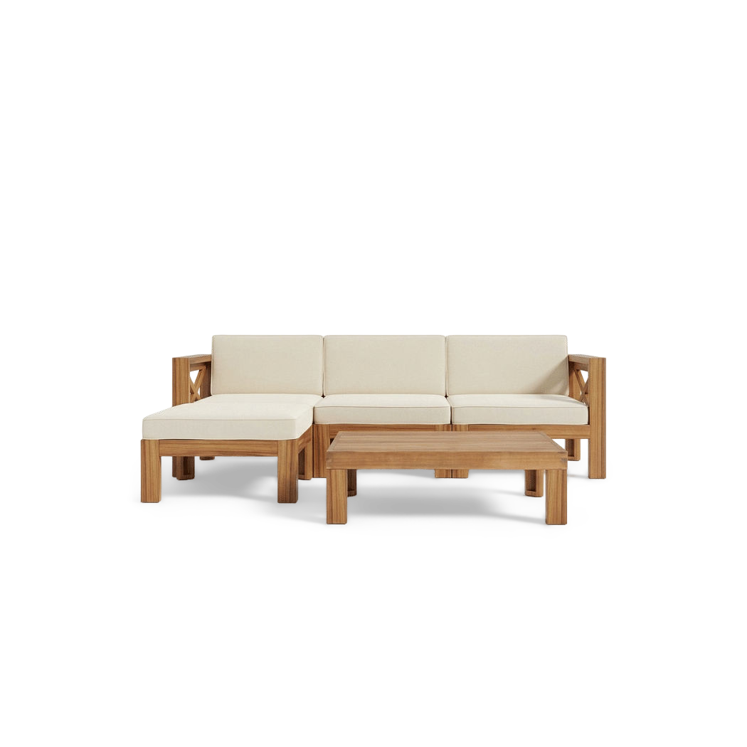 acacia sectional sofa set, front view on plain background