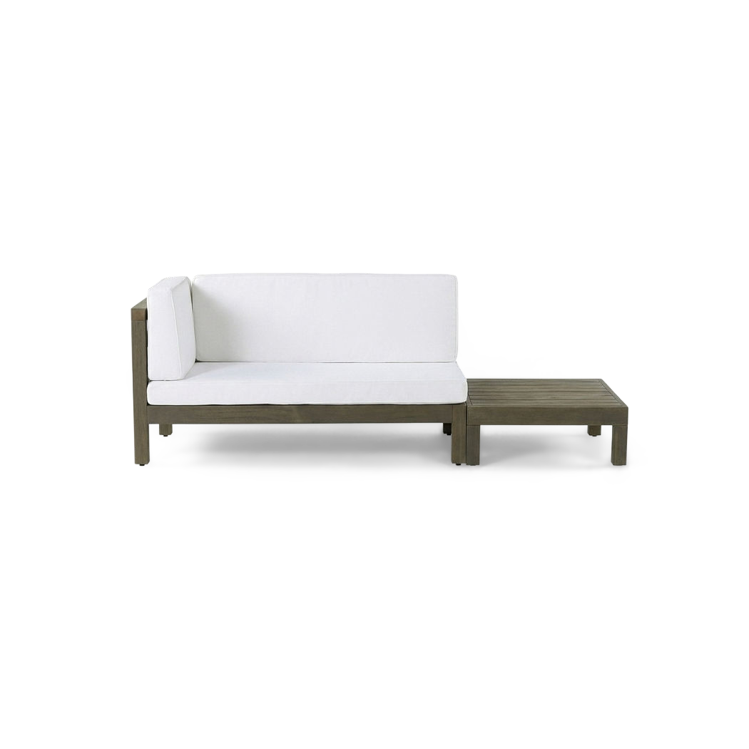 Acacia wood loveseat set with white water-resistant cushions, front view (plain studio)