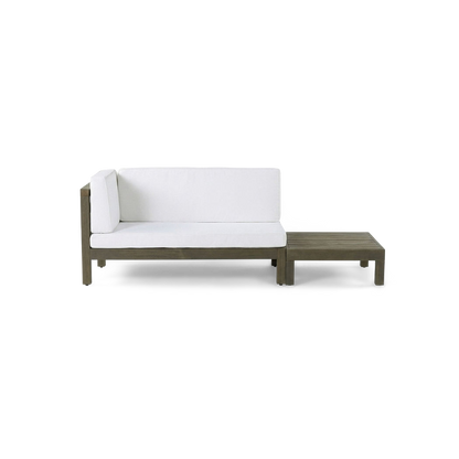 Acacia wood loveseat set with white water-resistant cushions, front view (plain studio)
