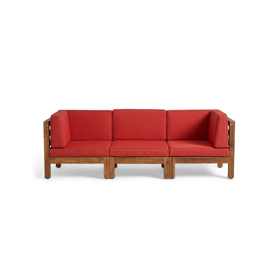 Three-seat acacia wood outdoor sectional in red, front view