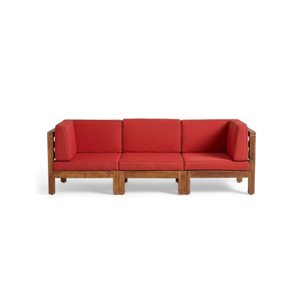 Three-seat acacia wood outdoor sectional in red, front view