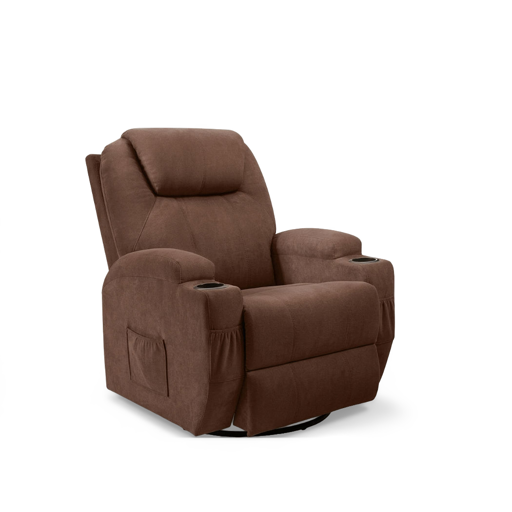 Brown fabric recliner with metal base, three-quarter view showing the arm and cup holder