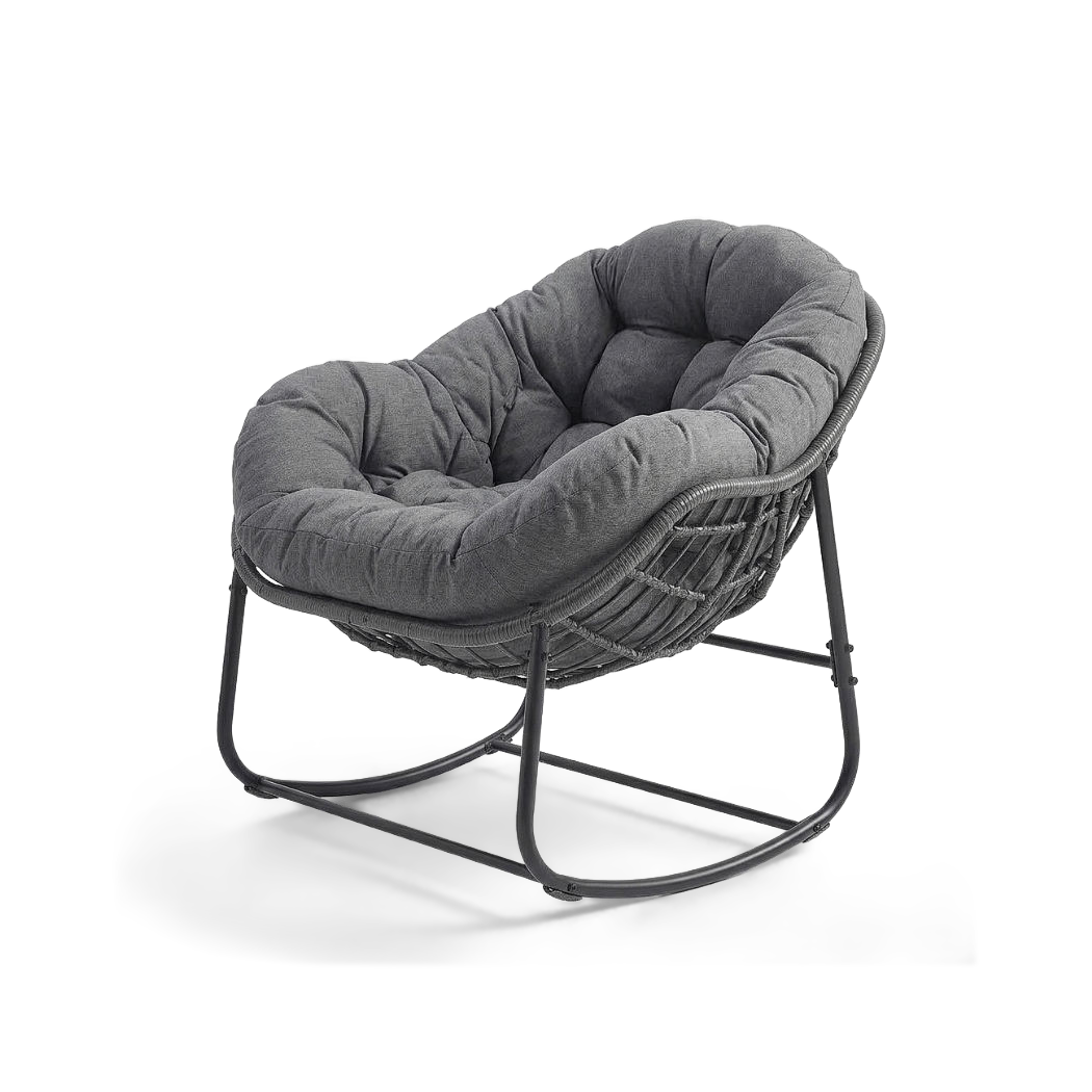 Dark gray padded cushion in the rattan bowl, three-quarter view (plain studio)