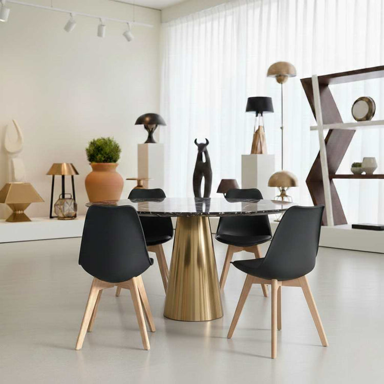 Mid-century modern black plastic-shell dining chairs (4Pcs) with wooden legs around a round marble-top table.