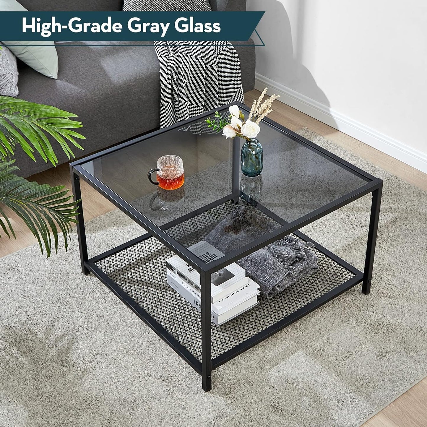 Coffee Table with Storage Modern Glass Coffee Tables Square Industrial Simple Center Table for Living Room Home Office Small Space 27.6 X 27.6 X 17.7 Inches Easy Assembly Gray Black