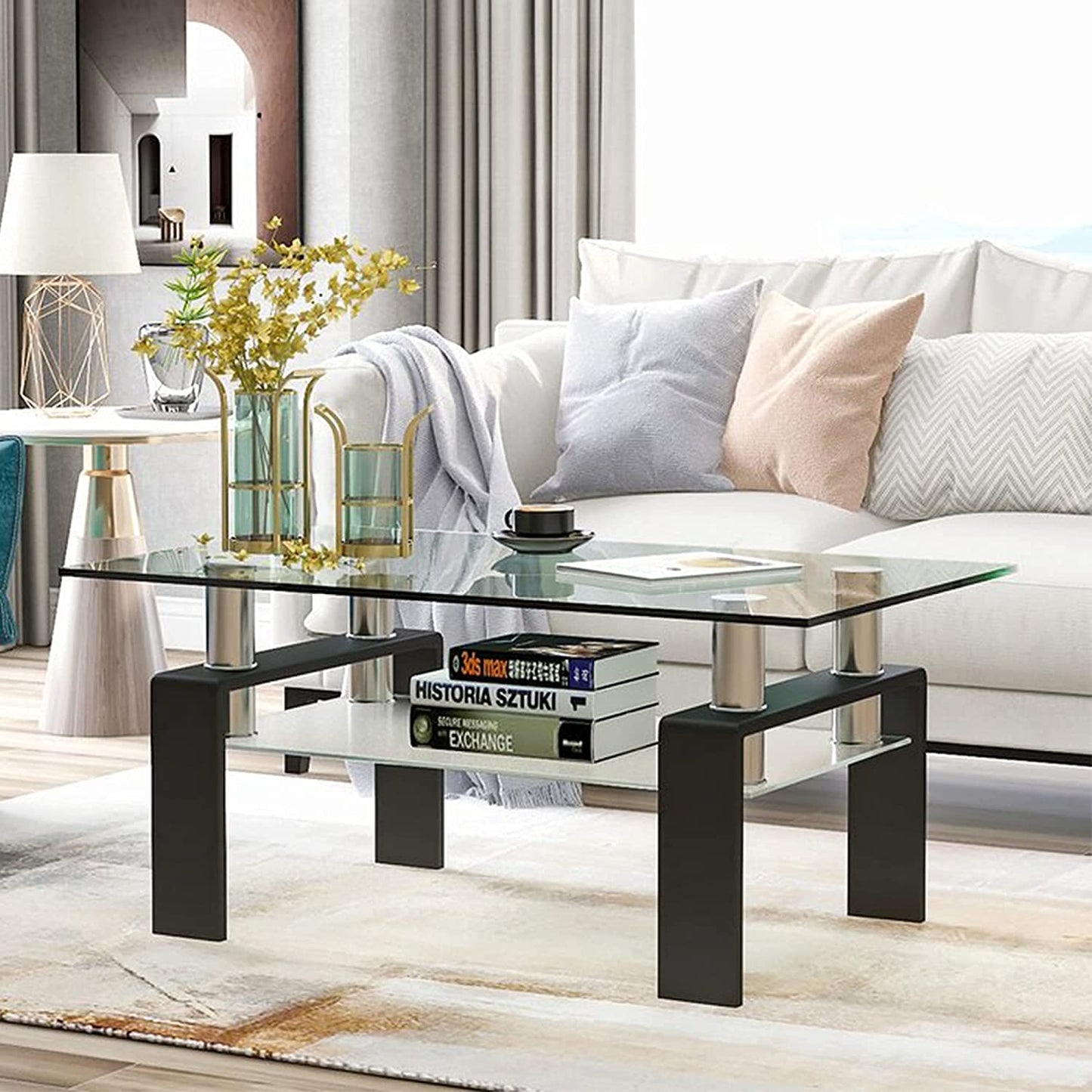 Stylish Coffee Table with Clear Glass Top