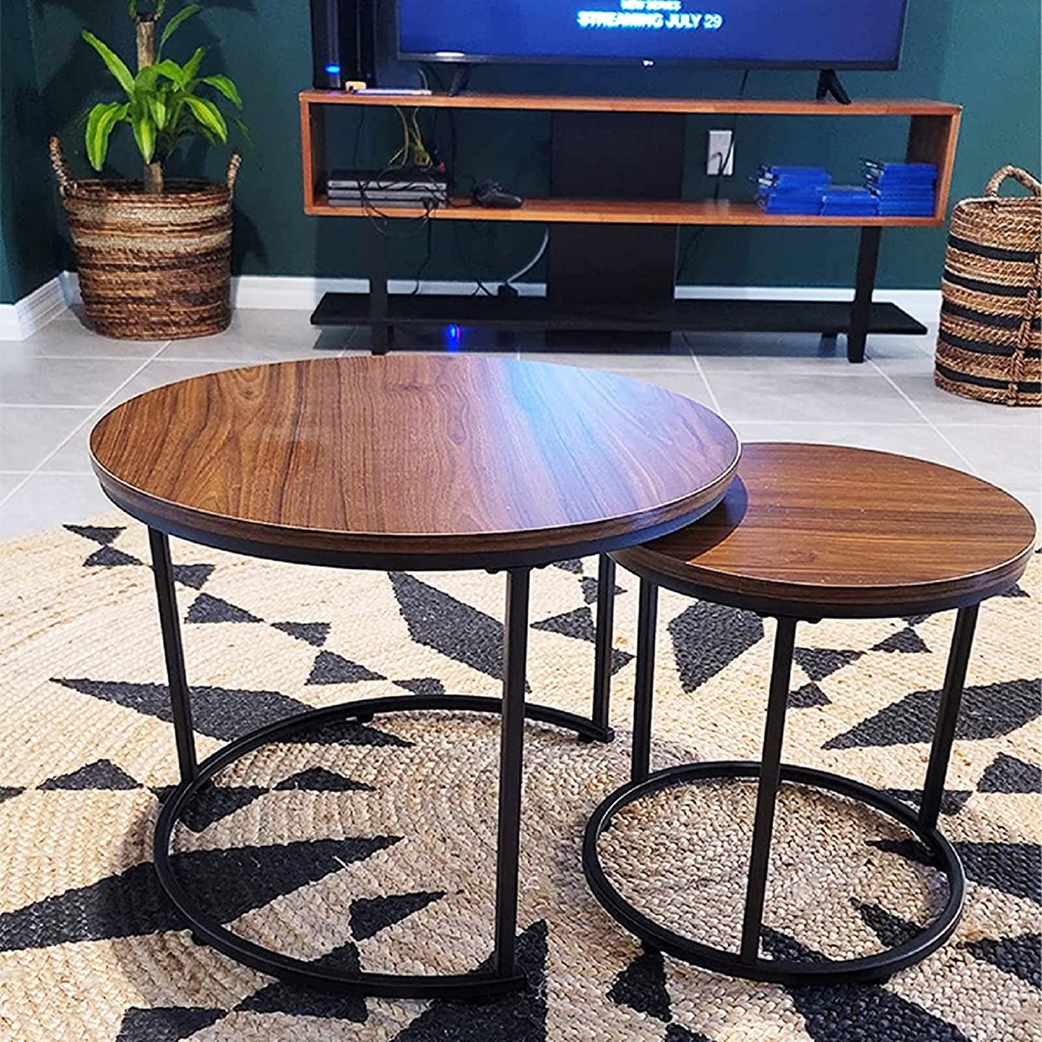 Coffee Table Nesting Side round Set of 2 End Table Top Sturdy Metal Frame Desk Centerpiece Living Room Bedroom Apartment Modern Industrial Simple Nightstand