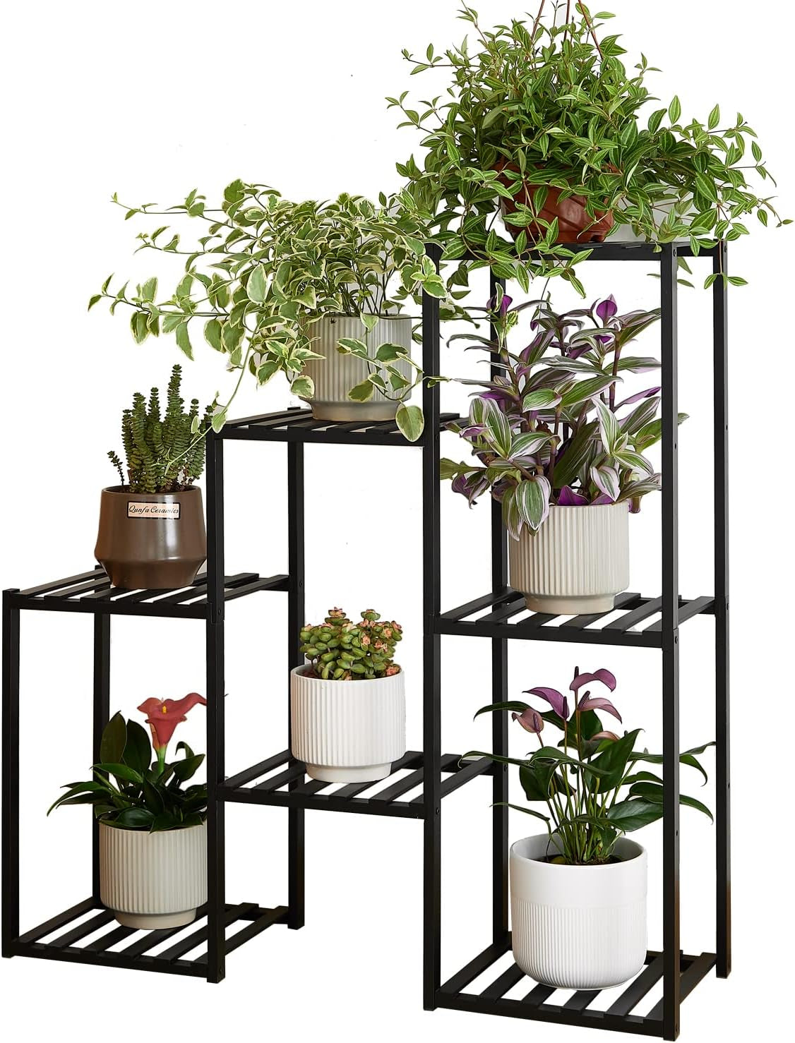 Plant Stand Indoor Plant Stands Bamboo Outdoor Tiered Plant Shelf for Multiple Plants, 3 Tiers 7 Potted Ladder Plant Holder Table Plant Pot Stand for Window Garden Balcony Living Room Corner (Black)