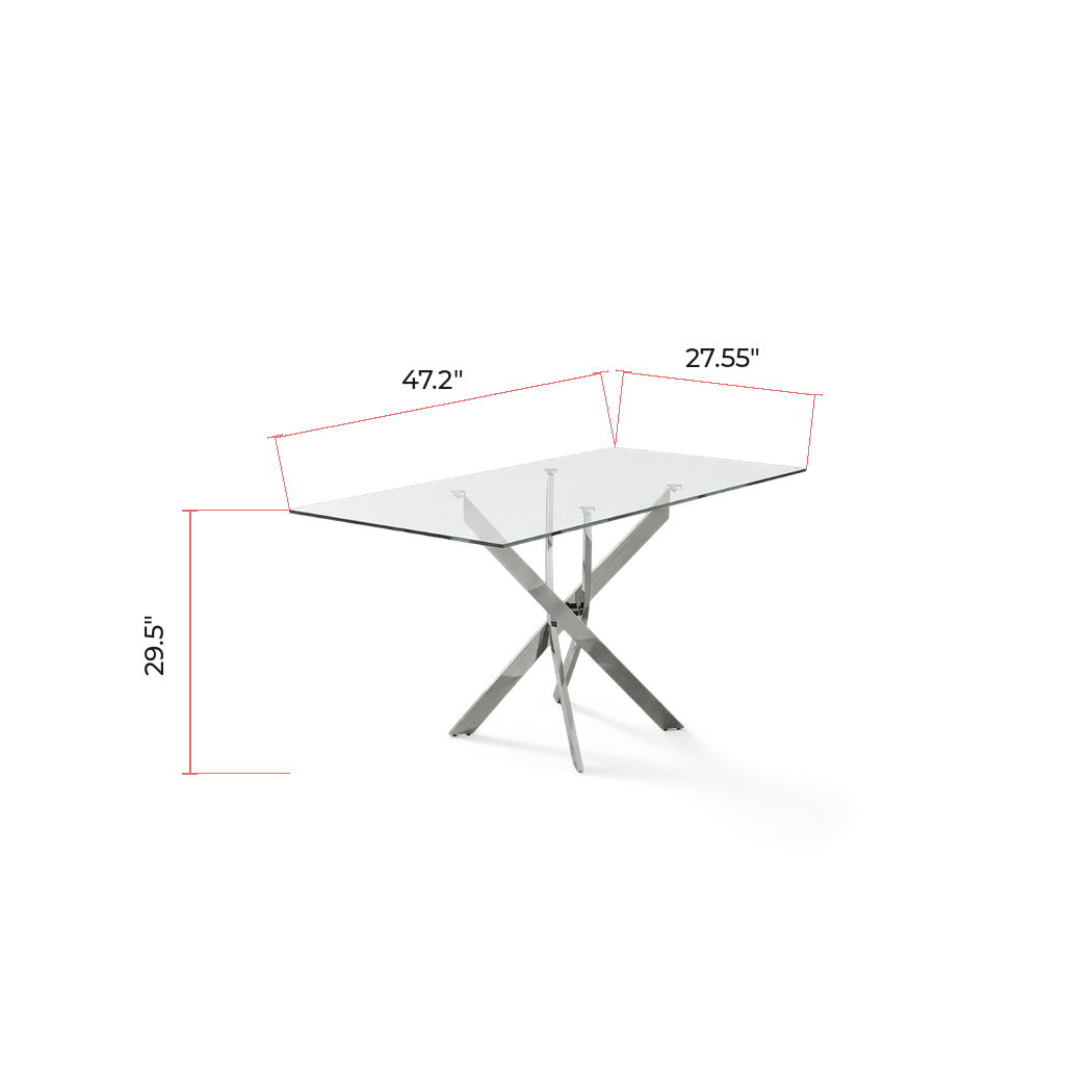 Measured drawing giving 47.2 by 27.55 by 29.5 inches for the glass dining table (dimensions)