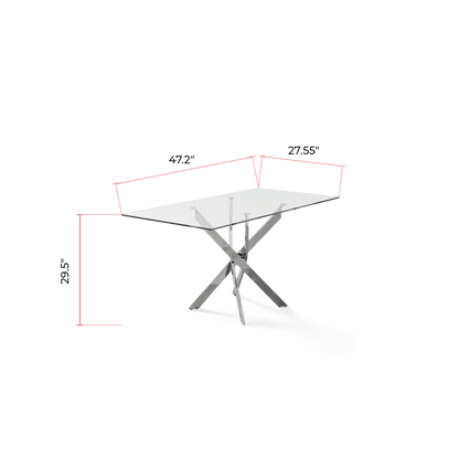 Measured drawing giving 47.2 by 27.55 by 29.5 inches for the glass dining table (dimensions)