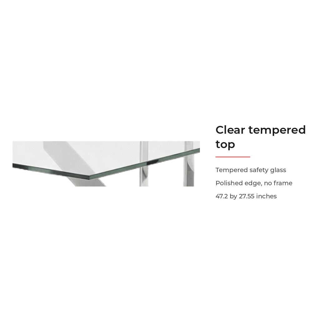 Spec card for the clear tempered glass top with polished edge (feature callout)