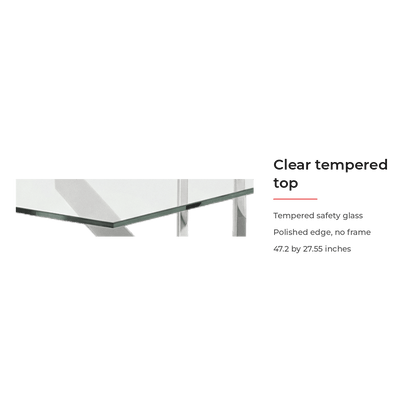 Spec card for the clear tempered glass top with polished edge (feature callout)