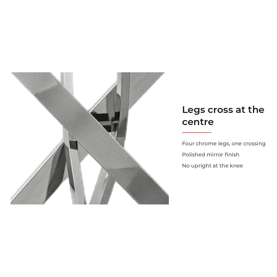 Spec card for the four chrome legs crossing at the centre (feature callout)