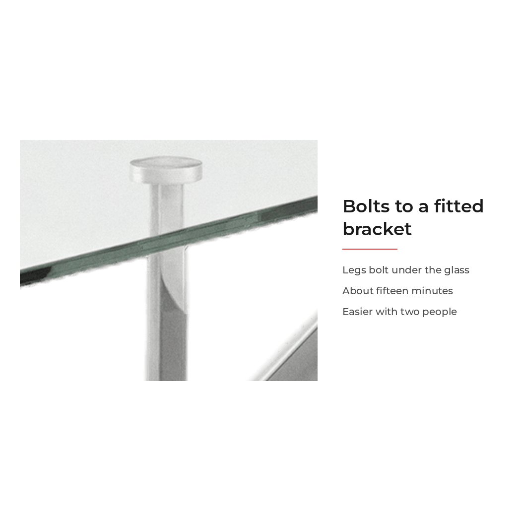 Spec card for the legs bolting to a fitted bracket under the glass (feature callout)