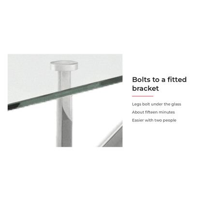 Spec card for the legs bolting to a fitted bracket under the glass (feature callout)