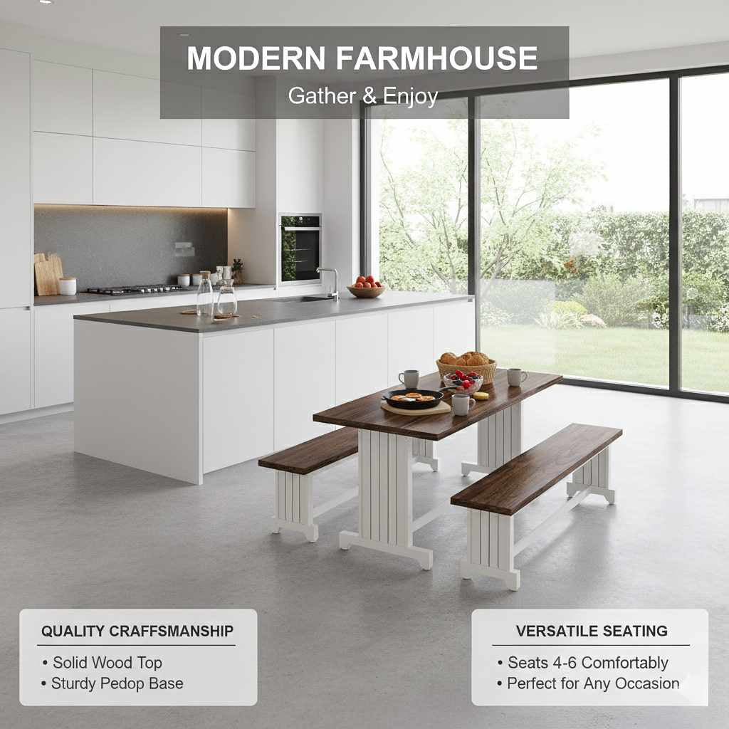 47-inch White Bench Table Set for 4 with two benches and brown wood tops in a modern farmhouse dining space
