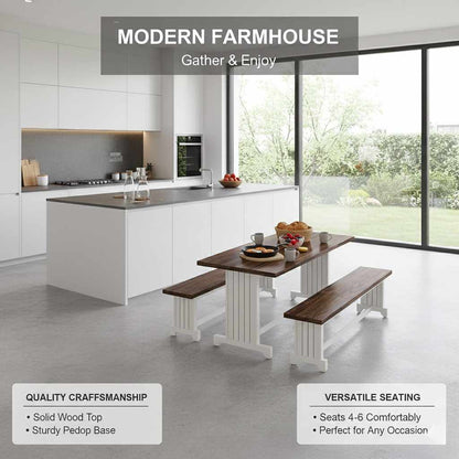 47-inch White Bench Table Set for 4 with two benches and brown wood tops in a modern farmhouse dining space (feature callout)