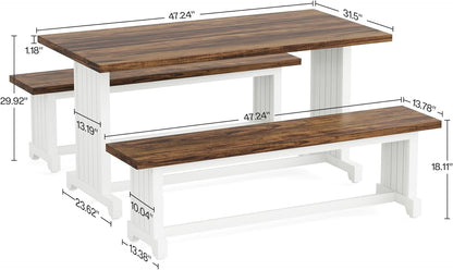 47-inch White Bench Table Set for 4 with two benches, farmhouse charm in white and brown wood finish.