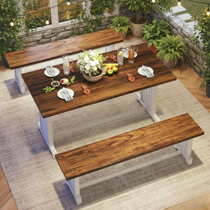 47-inch White Bench Table Set for four with two benches in farmhouse white and brown finish.