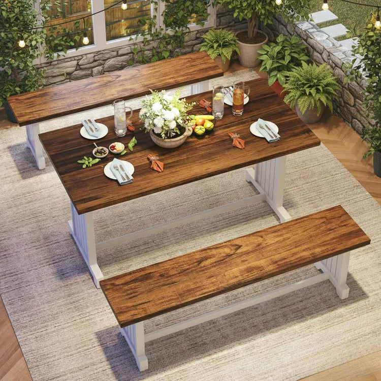 47-inch White Bench Table Set for four with two benches in farmhouse white and brown finish.