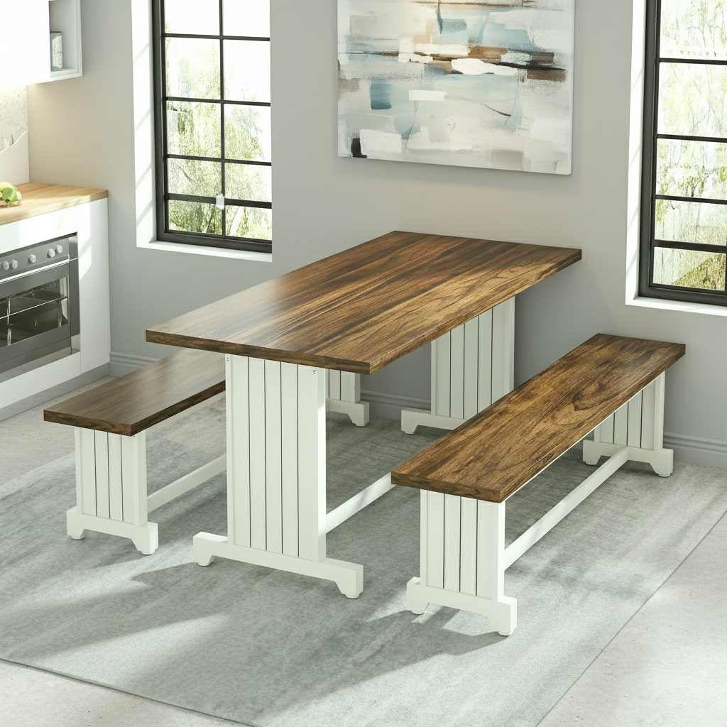 47-inch White Bench Table Set with two benches in farmhouse style, white bases and brown wood tops.