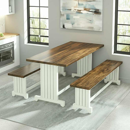 47-inch White Bench Table Set with two benches in farmhouse style, white bases and brown wood tops.