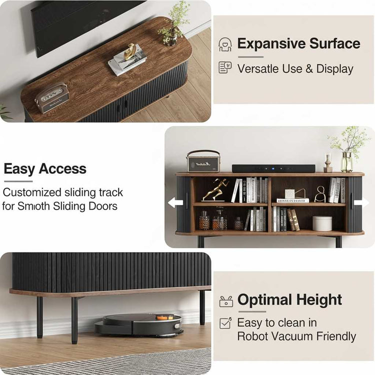 47-inch black TV stand with sliding doors and storage in a curved mid-century console.