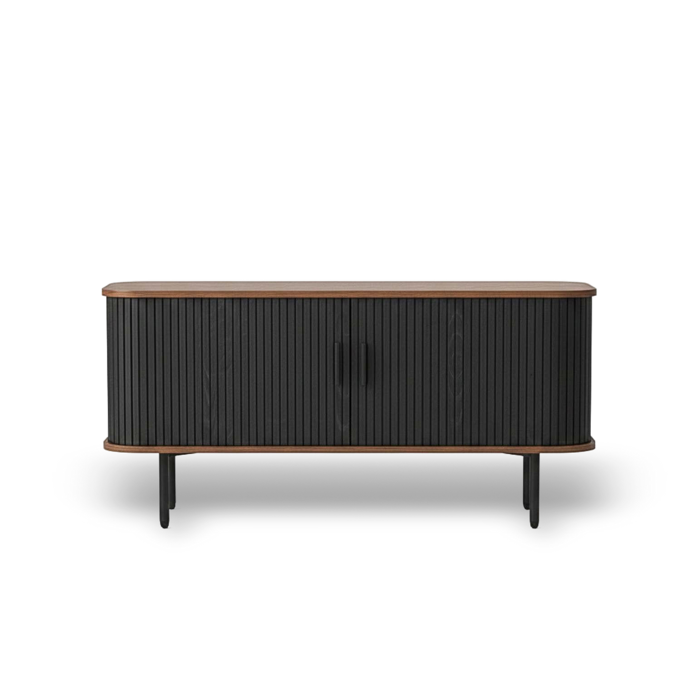 47-inch black TV stand with sliding doors, curved mid-century console, wood top and storage.