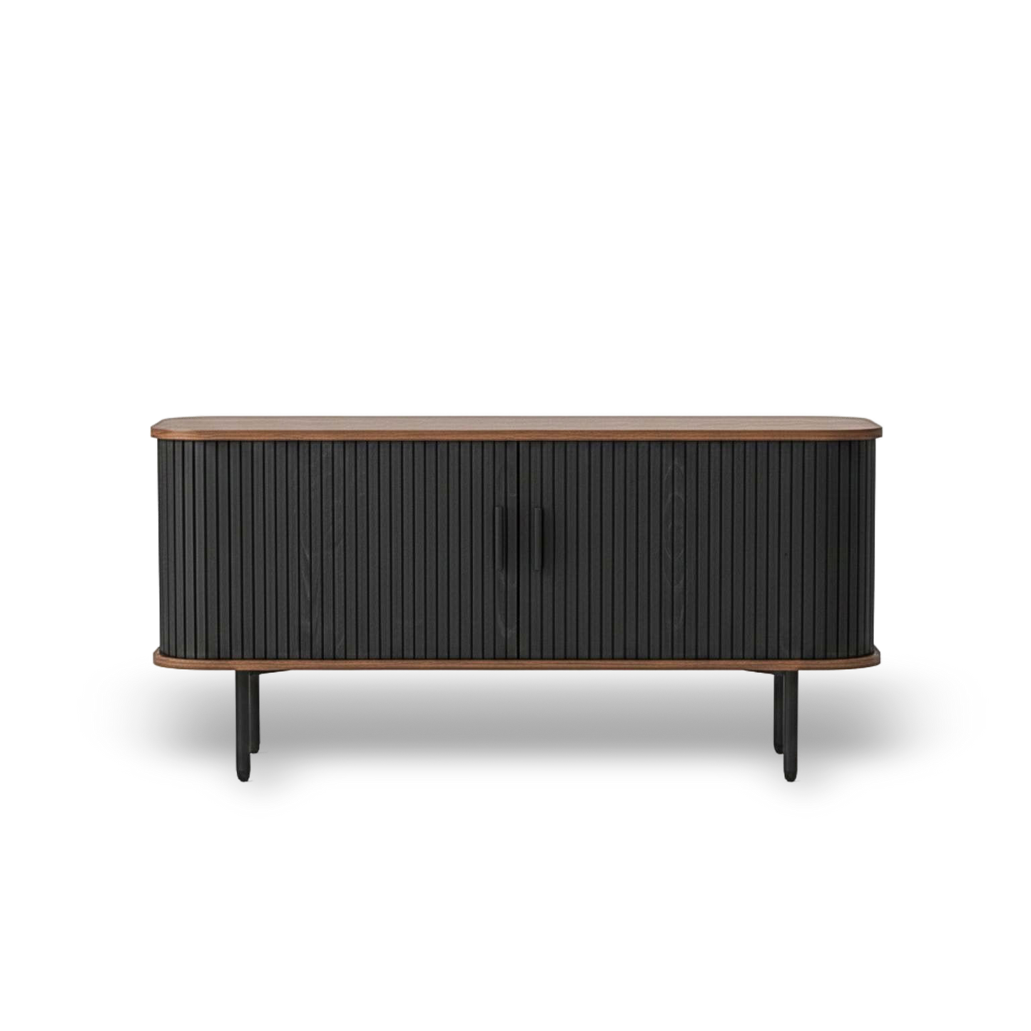 47-inch black TV stand with sliding doors, curved mid-century console, wood top and storage.