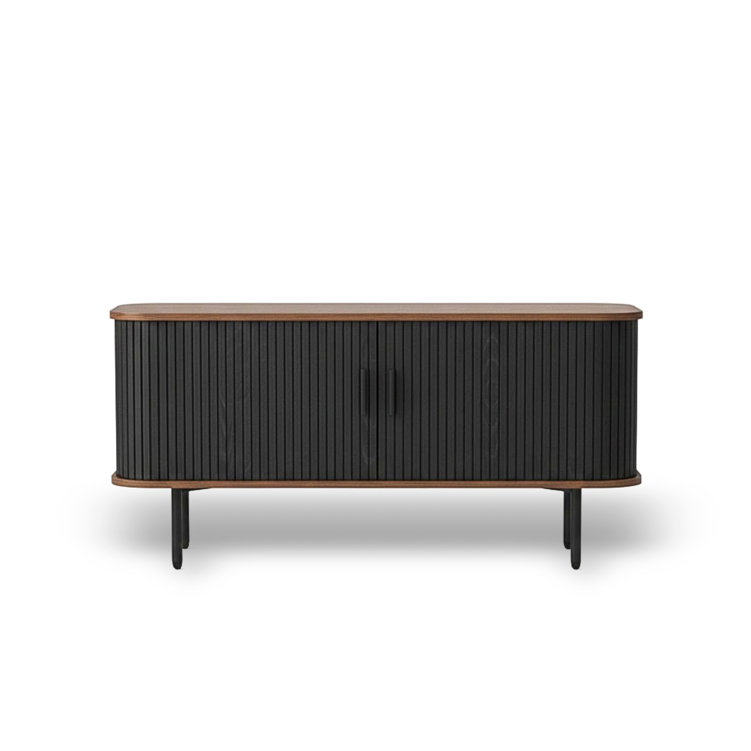 47-inch black TV stand with sliding doors, curved mid-century console, wood top and storage.