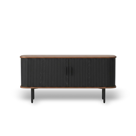 47-inch black TV stand with sliding doors, curved mid-century console, wood top and storage.
