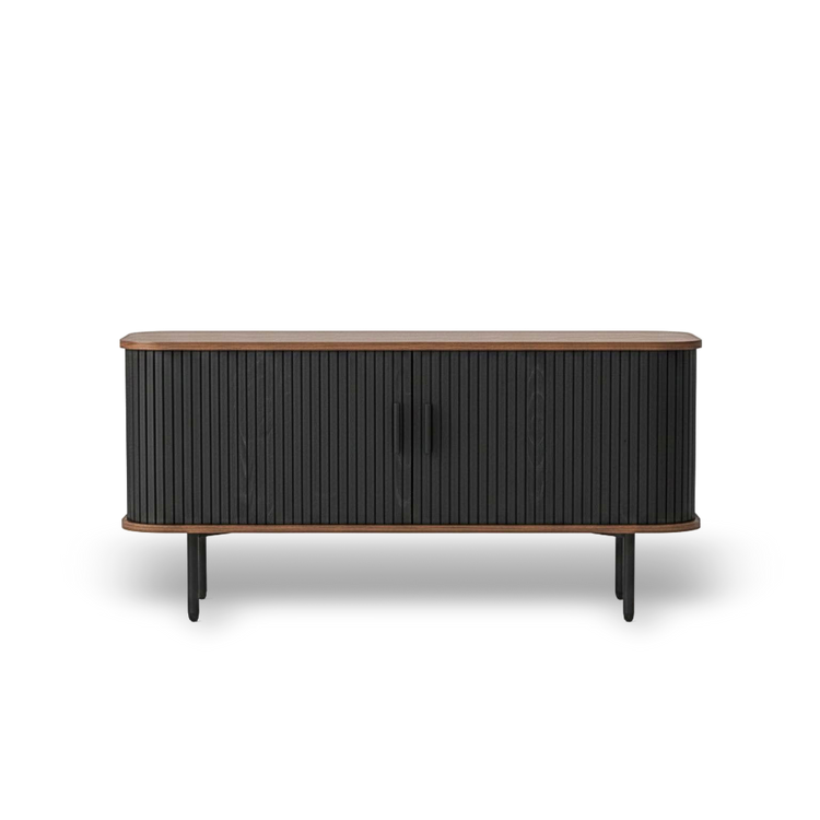 47-inch black TV stand with sliding doors, curved mid-century console, wood top and storage.