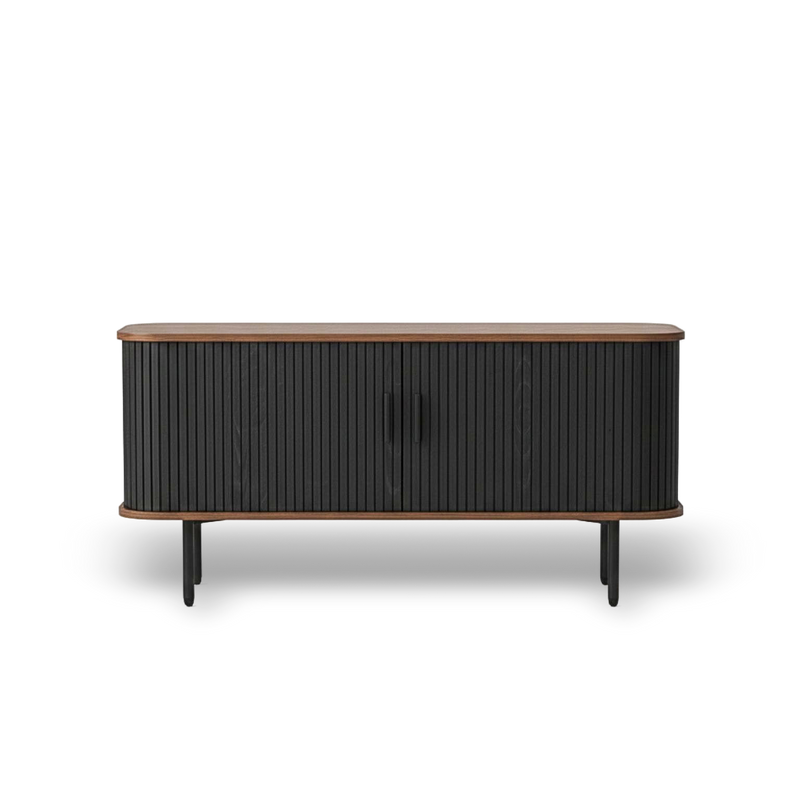 47-inch black TV stand with sliding doors, curved mid-century console, wood top and storage.