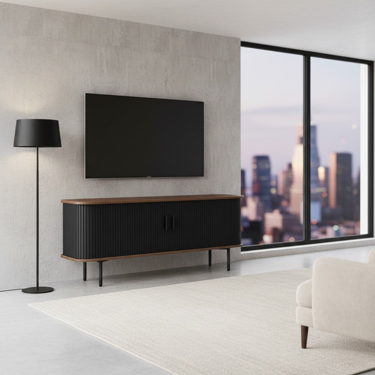 47-inch black TV stand with sliding doors, storage, wood top, and slim legs in a modern living room.