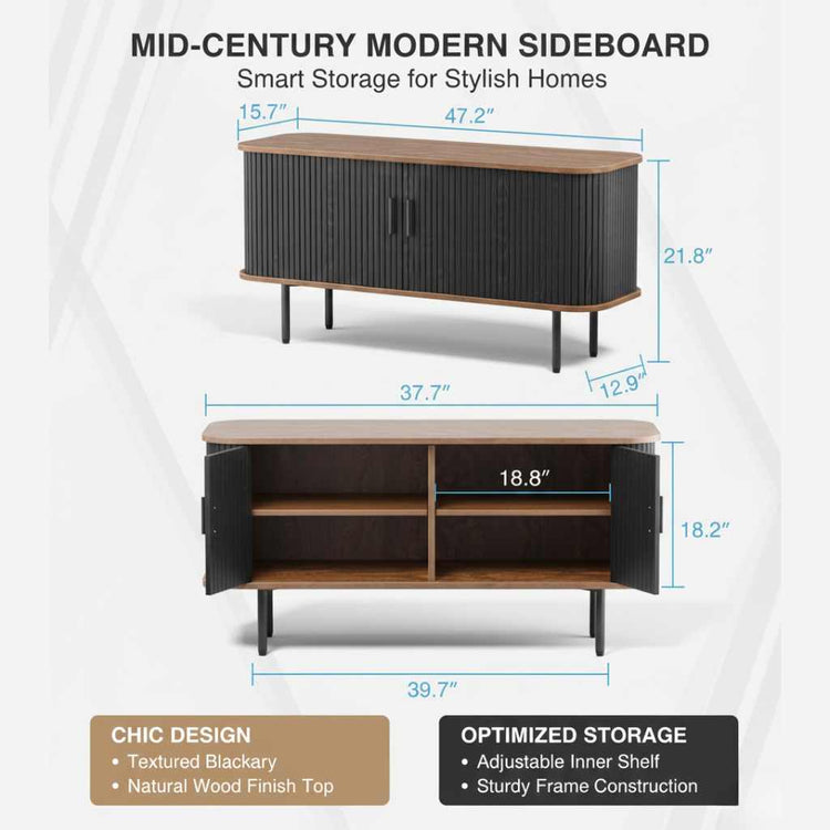 47-inch black sliding-door TV console with wood top and storage shelves.