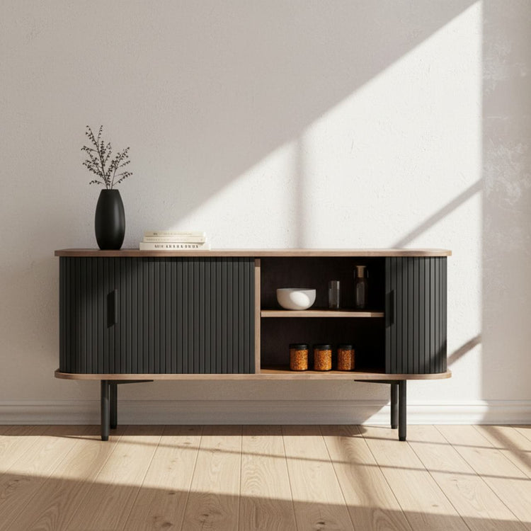 47-inch black sliding-door TV stand with ribbed doors, wood top, and open storage shelves.