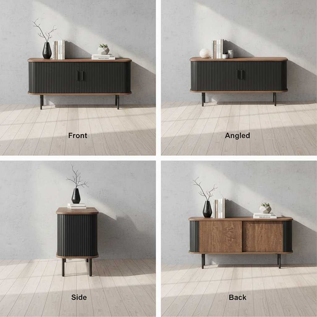 47-inch black sliding-door TV stand with wood top and mid-century curved storage console.
