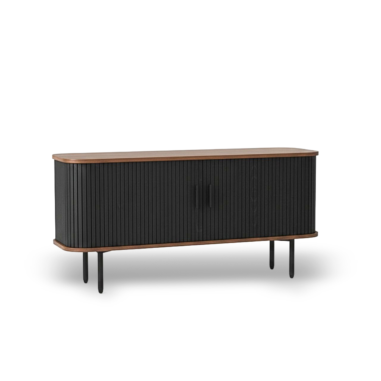 47-inch curved black TV stand with sliding doors, wood trim, vertical grooved panels, and slim legs.