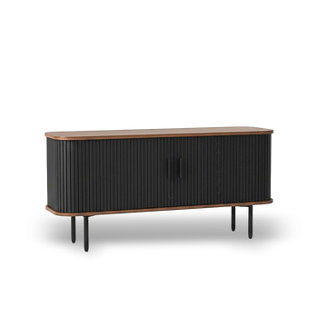 47-inch black TV stand with sliding doors, curved mid-century console, wood top and storage.