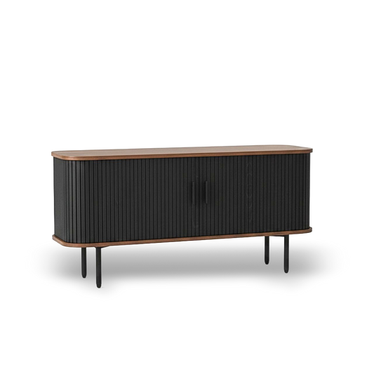 47-inch curved black TV stand with sliding doors, wood trim, vertical grooved panels, and slim legs.